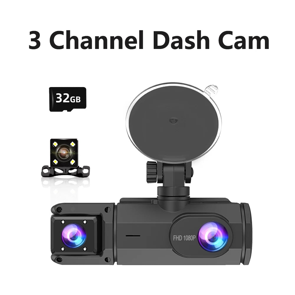 Dash Cam 3 Canale FHD 1080P — 32G, Night Vision, G-Sensor, Fată & Spate