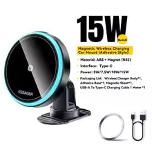 Suport Auto Magnetic Essager 15W — Încărcător Wireless MagSafe iPhone 14 15 16 17 Pro Max cu LED