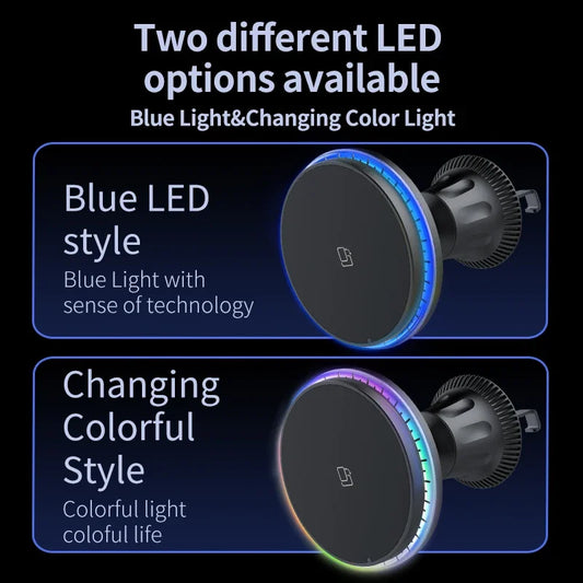 Încărcător Auto Wireless Magnetic RGB 15W — MagSafe & Suport Telefon
