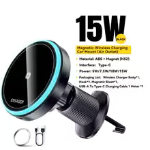 Suport Auto Magnetic Essager 15W — Încărcător Wireless MagSafe iPhone 14 15 16 17 Pro Max cu LED