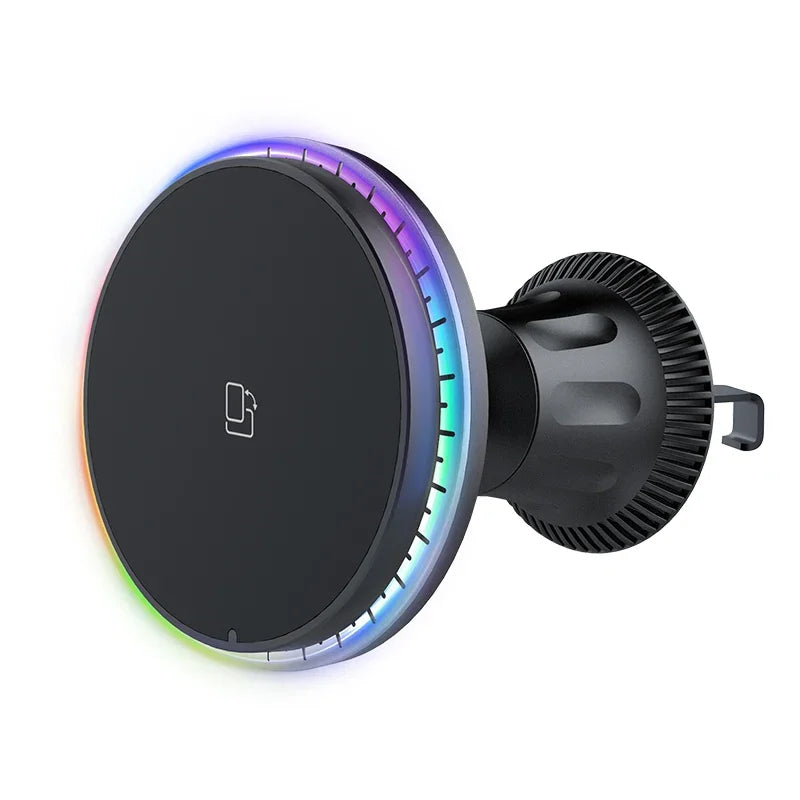 Încărcător Auto Wireless Magnetic RGB 15W — MagSafe & Suport Telefon