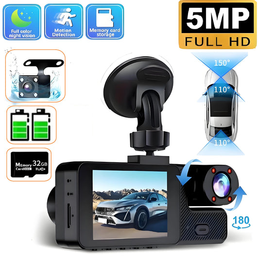 Dash Cam 3 Lentile 5MP — Fată, Spate & Interior, Night Vision, Loop Recording