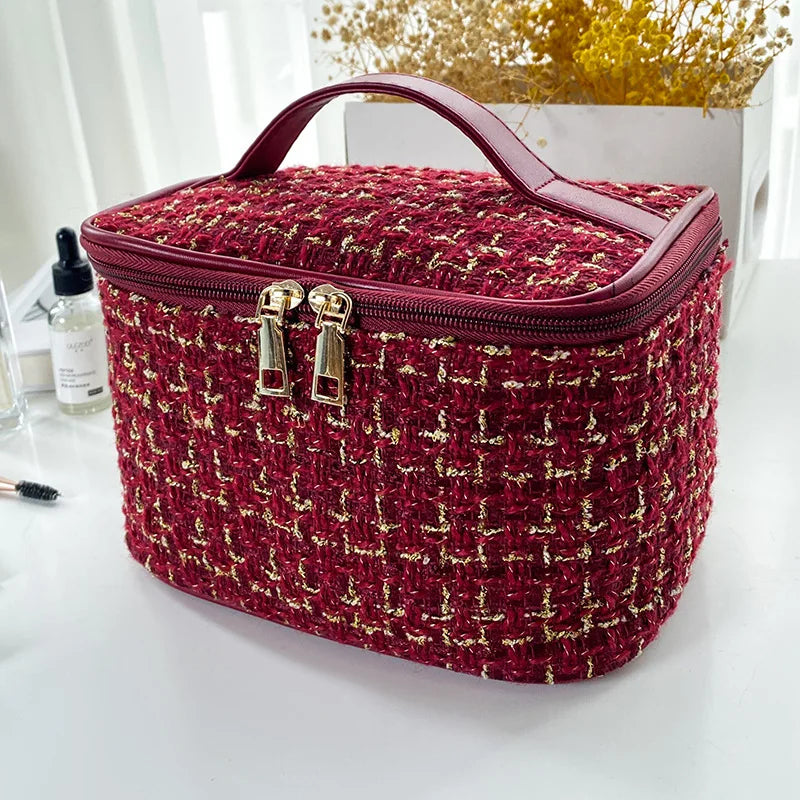 Geantă Cosmetice Korean Plaid — Capacitate Mare, Portabilă, Travel Makeup Bag