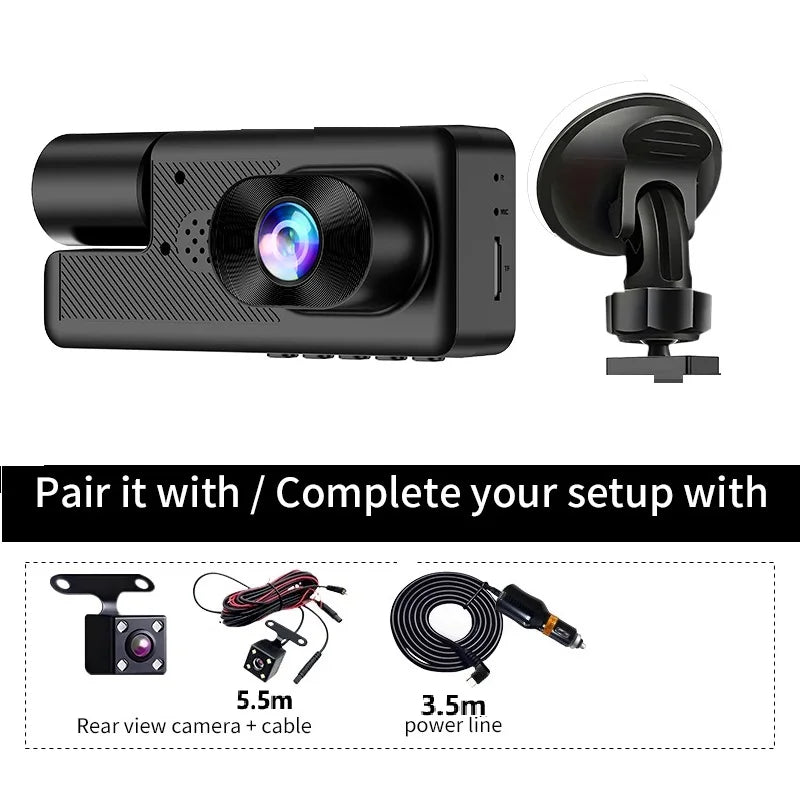 Dash Cam 3 Lentile 5MP — Fată, Spate & Interior, Night Vision, Loop Recording