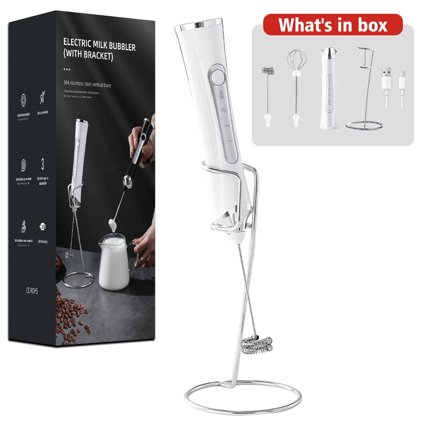 Spumant Lapte Electric Reîncărcabil — 3 Viteze, Stand Inclus, Cappuccino & Matcha