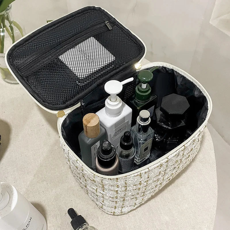 Geantă Cosmetice Korean Plaid — Capacitate Mare, Portabilă, Travel Makeup Bag