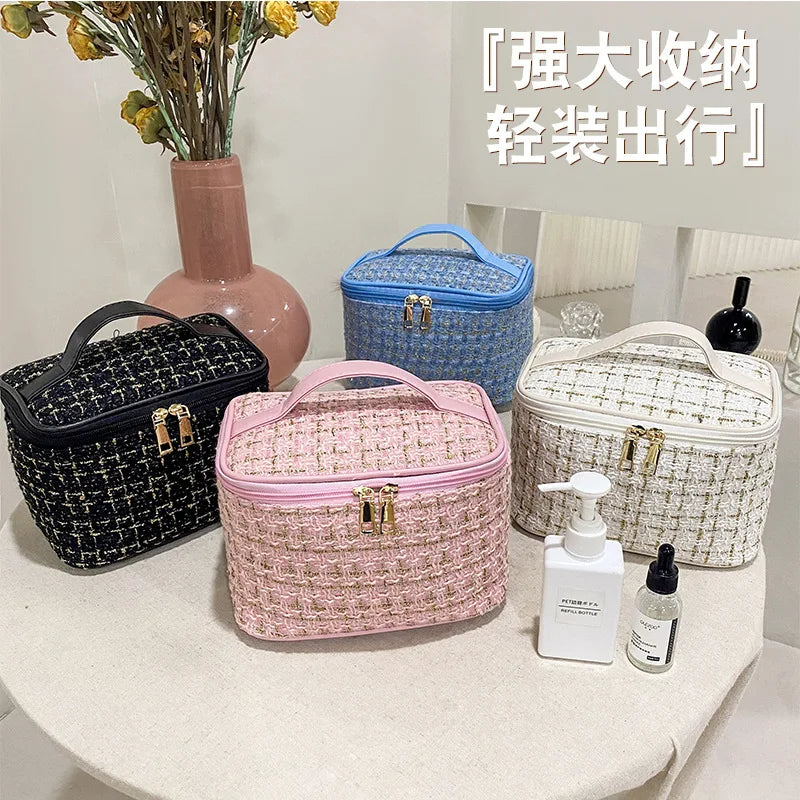 Geantă Cosmetice Korean Plaid — Capacitate Mare, Portabilă, Travel Makeup Bag