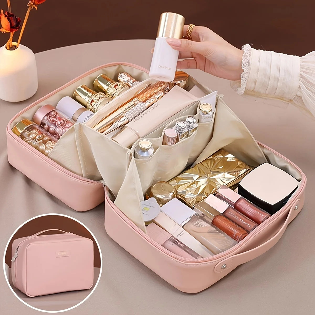 Geantă Cosmetice Dublu Fermoar PU — Organizator Pensule, Travel Beauty Bag