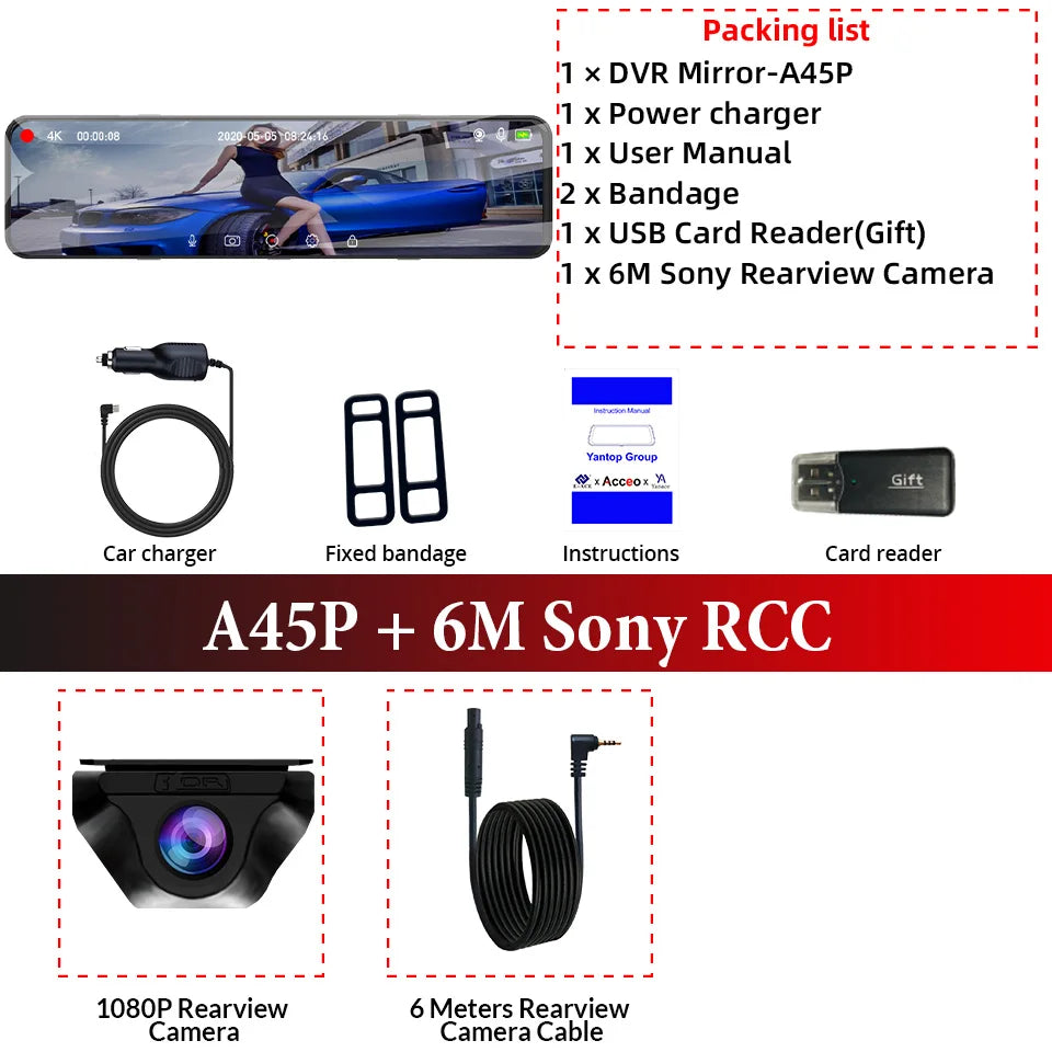 4K WIFI Dashcam 12Inch Car DVR Rearview Mirror Recorder Dash Cam Support 1080P Sony Black Box Rear View Camera Acesssories