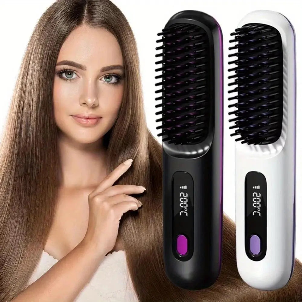 2026 Upgraded Straight Hair Comb, Portable Fashion Lazy Straightener, USB Rechargeable Flat Iron Clip, Wireless Straightening & Curling Comb