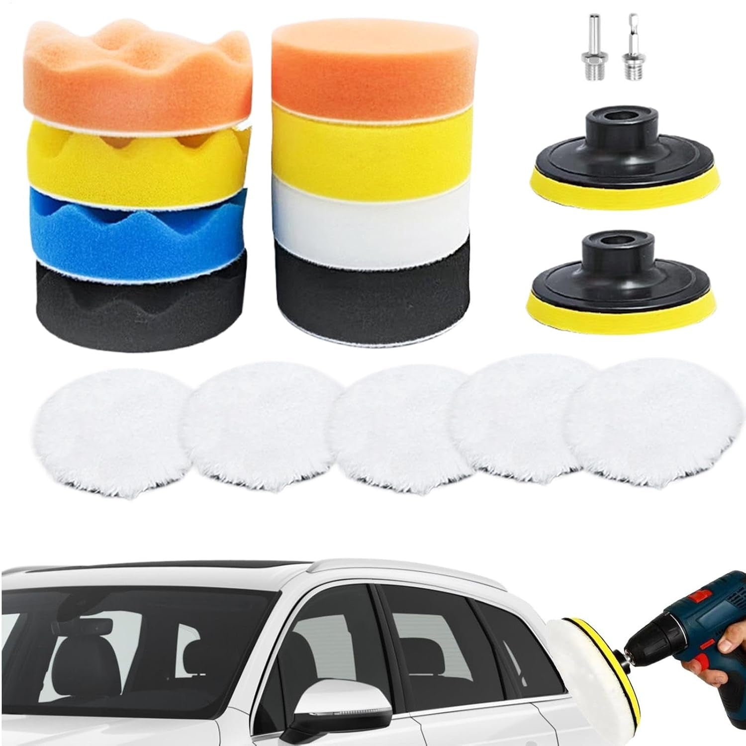Car Polishing Pad Kit, Car Polishing Wheel with Drill, Sponge Polishing Pad Set, Wool Polishing Pads, Car Polishing Tools, Waxing Pad Kit, Sealing Glaze Pads, Drill Polishing Adapter, Auto Polishing