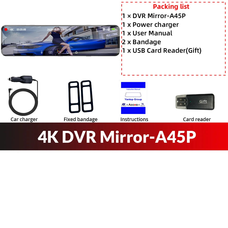 4K WIFI Dashcam 12Inch Car DVR Rearview Mirror Recorder Dash Cam Support 1080P Sony Black Box Rear View Camera Acesssories
